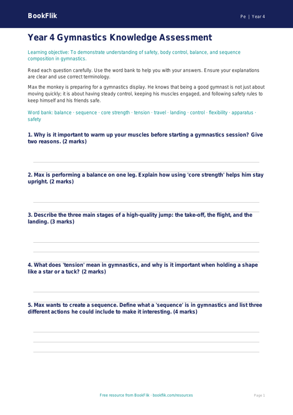 Free Gymnastics Assessment for Year 4 Students | BookFlik worksheet preview — Pe Gymnastics