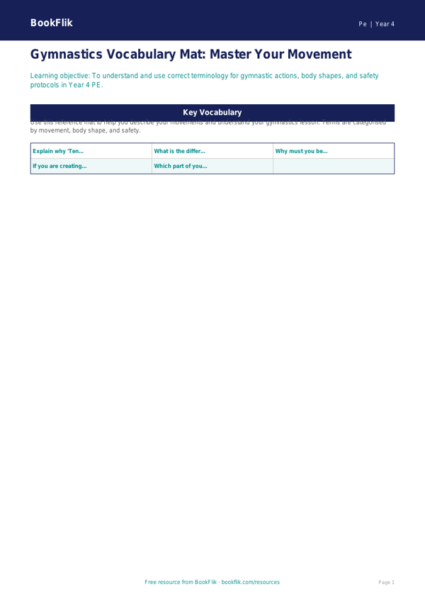 Free Gymnastics Word Mat | Year 4 | Physical Education | BookFlik worksheet preview — Pe Gymnastics