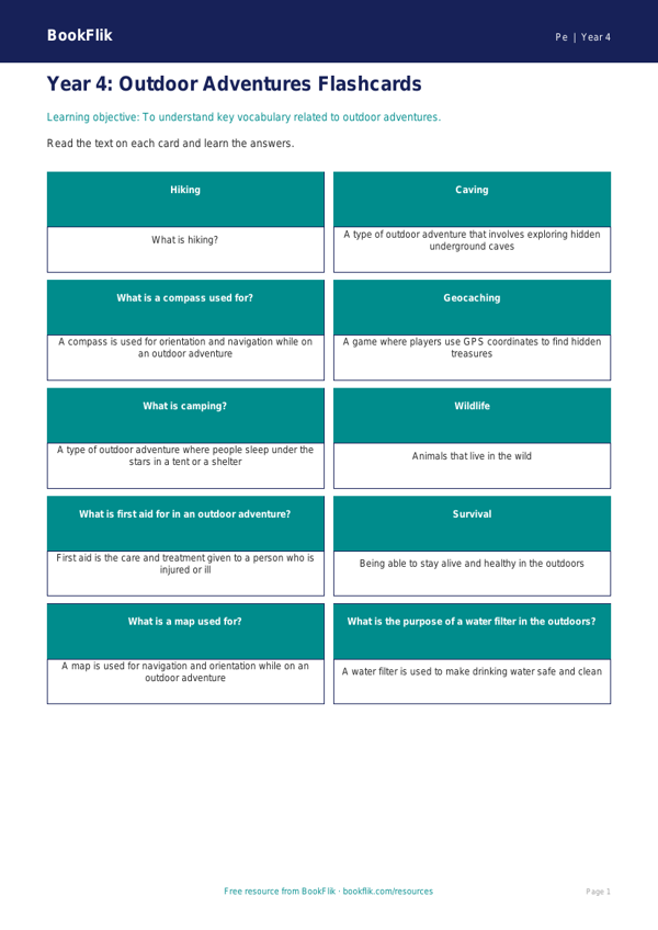 Free Outdoor Adventures Flashcards | Year 4 | Physical Education | BookFlik worksheet preview — Pe Outdoor Adventures