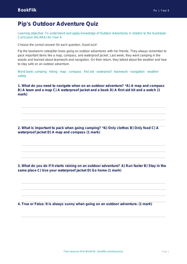 Free Outdoor Adventures Quiz for Year 4 Students - BookFlik worksheet preview — Pe Outdoor Adventures