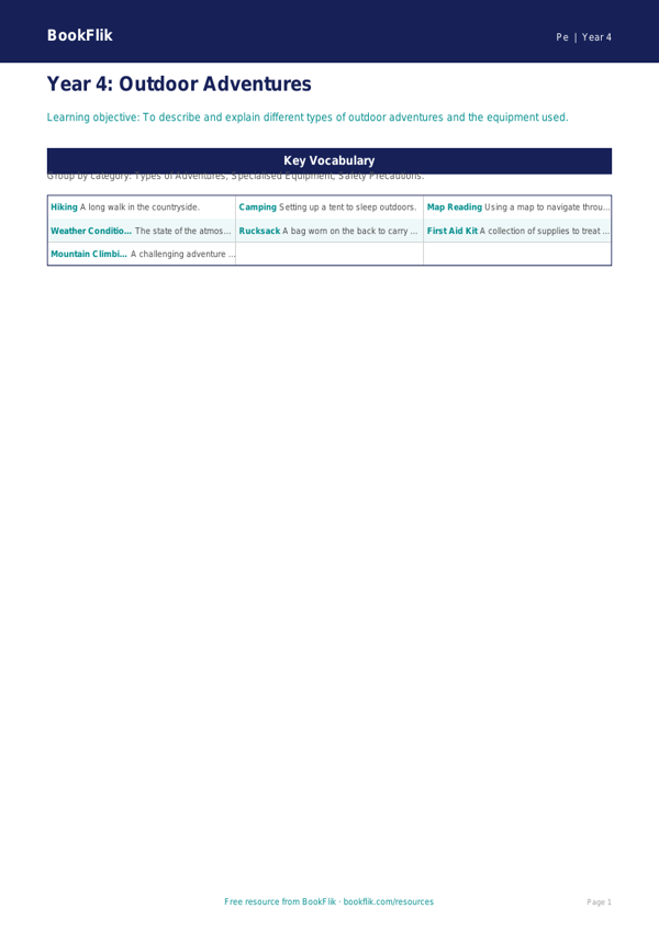 Free Outdoor Adventures Word Mat | Year 4 | English | BookFlik worksheet preview — Pe Outdoor Adventures