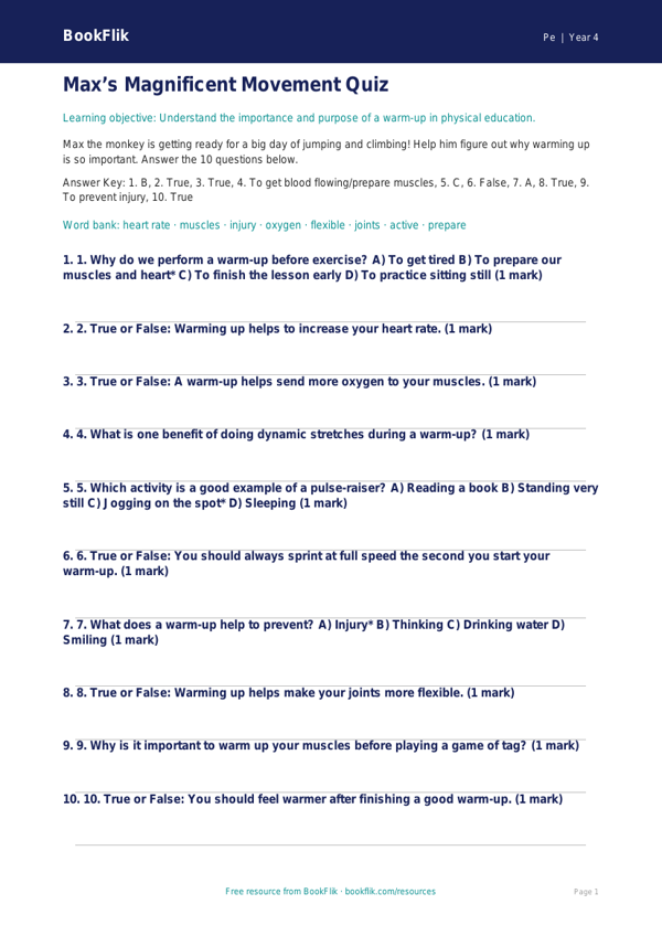 Free Year 4 Physical Education Warm Up Quiz | BookFlik Australia worksheet preview — Pe Warm Up