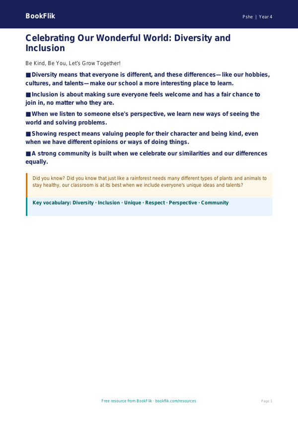 Free Diversity And Inclusion Poster | Year 4 | HASS / Personal Development | BookFlik worksheet preview — Pshe Diversity And Inclusion