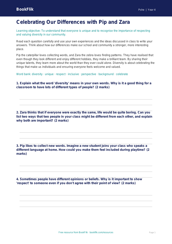 Free Diversity And Inclusion Worksheet | Year 4 | HASS / Personal Development | BookFlik worksheet preview — Pshe Diversity And Inclusion