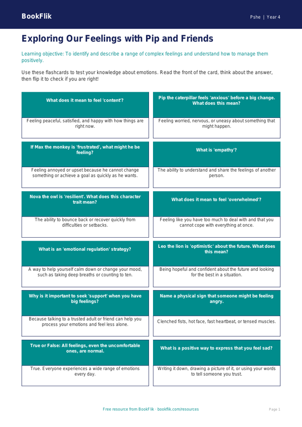 Free Feelings Flashcards | Year 4 | HASS / Personal Development | BookFlik worksheet preview — Pshe Feelings