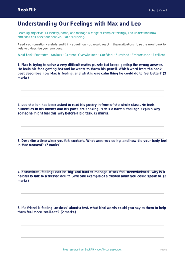 Free Feelings Worksheet | Year 4 | HASS / Personal Development | BookFlik worksheet preview — Pshe Feelings