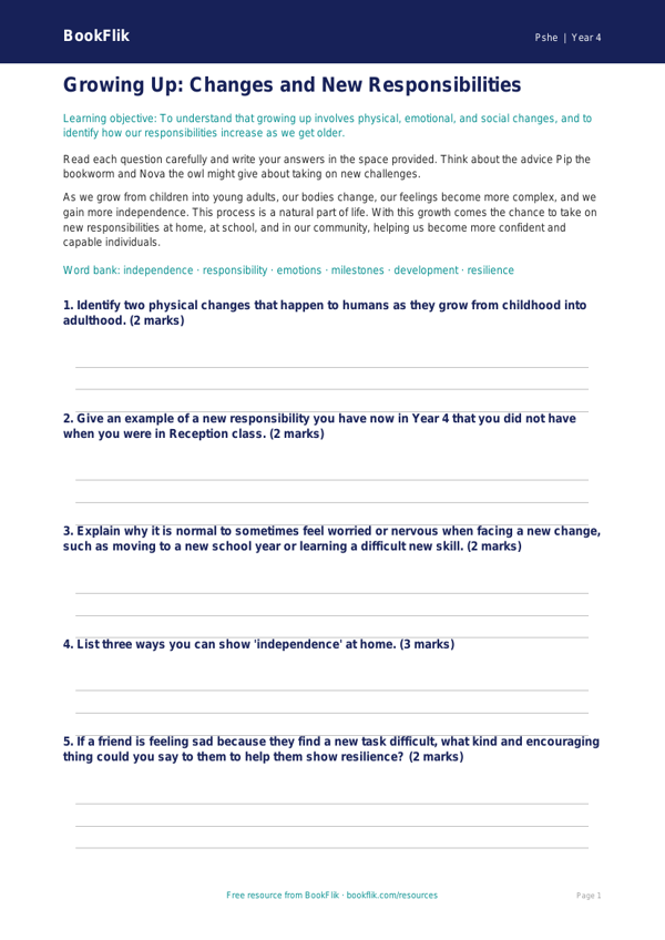 Free Growing Up Worksheet | Year 4 | HASS / Personal Development | BookFlik worksheet preview — Pshe Growing Up