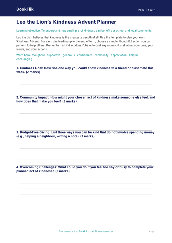 Free Kindness Advent Template | Year 4 | HASS / Personal Development | BookFlik worksheet preview — Pshe Kindness Advent