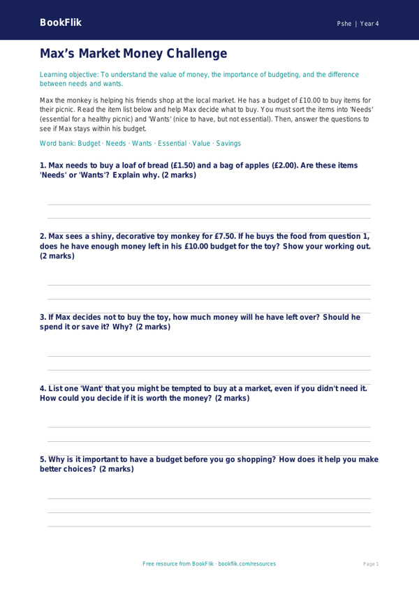 Free Money Activity Sheet | Year 4 | HASS / Personal Development | BookFlik worksheet preview — Pshe Money