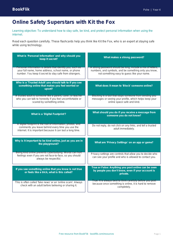 Free Online Safety Flashcards | Year 4 | HASS / Personal Development | BookFlik worksheet preview — Pshe Online Safety