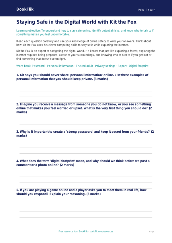 Free Online Safety Worksheet | Year 4 | HASS / Personal Development | BookFlik worksheet preview — Pshe Online Safety