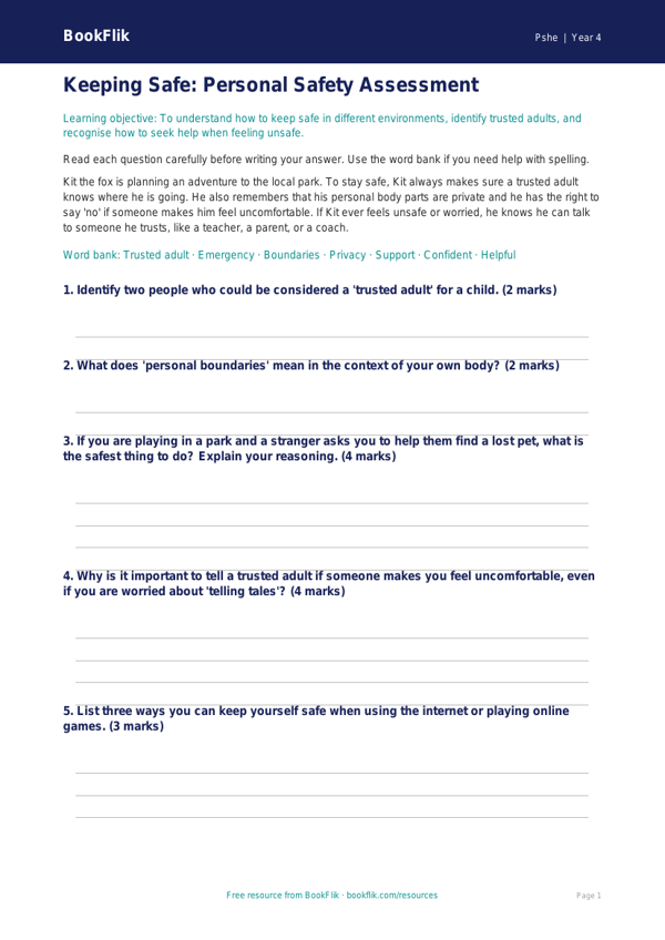 Free Personal Safety Assessment for Year 4 Students | BookFlik worksheet preview — Pshe Personal Safety