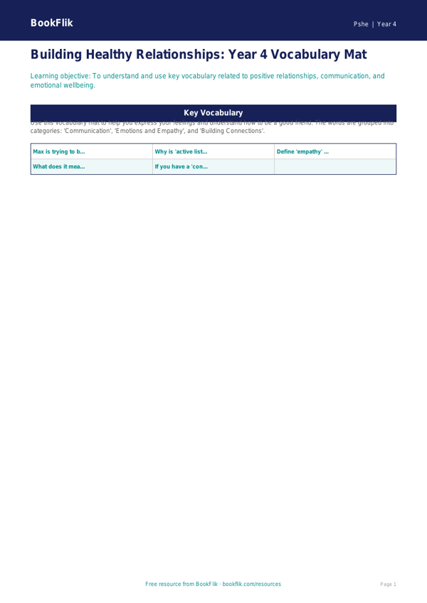 Free Relationships Word Mat | Year 4 | HASS / Personal Development | BookFlik worksheet preview — Pshe Relationships