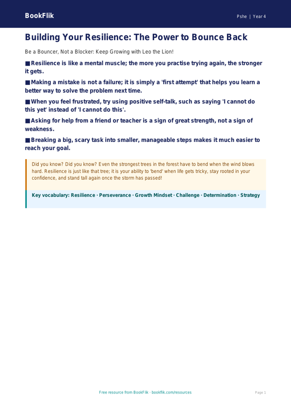 Free Resilience Poster | Year 4 | HASS / Personal Development | BookFlik worksheet preview — Pshe Resilience