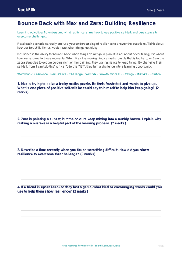Free Resilience Worksheet | Year 4 | HASS / Personal Development | BookFlik worksheet preview — Pshe Resilience