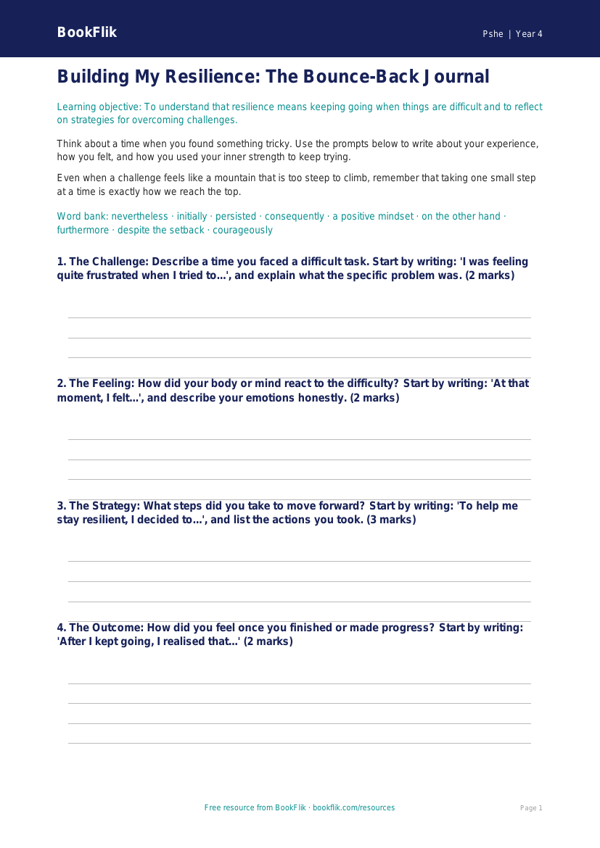 Free Resilience Writing Frame | Year 4 | HASS / Personal Development | BookFlik worksheet preview — Pshe Resilience