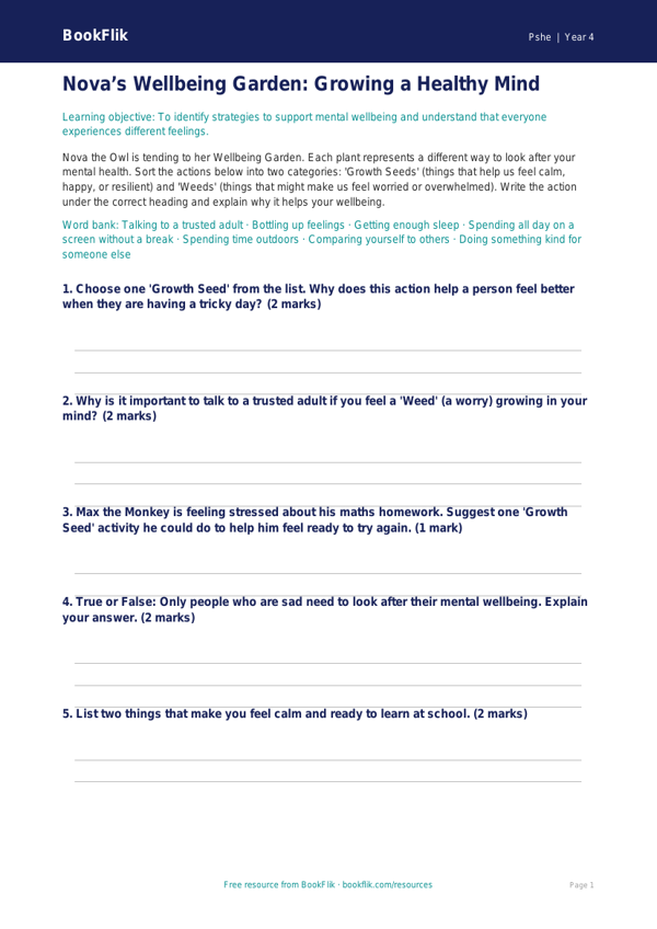 Free Wellbeing Activity Sheet for Year 4 Students | BookFlik worksheet preview — Pshe Wellbeing