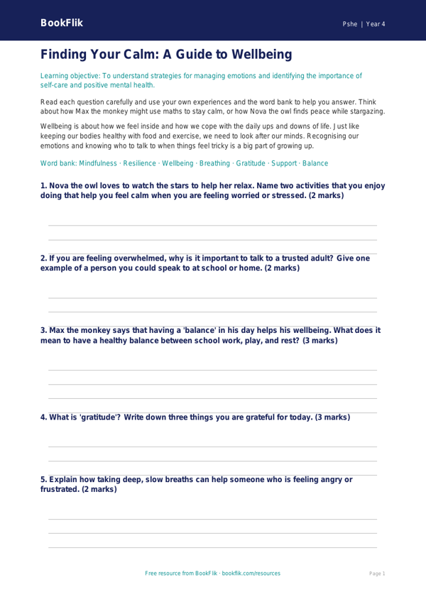 Free Year 4 Wellbeing Worksheet | HASS / Personal Development | BookFlik worksheet preview — Pshe Wellbeing