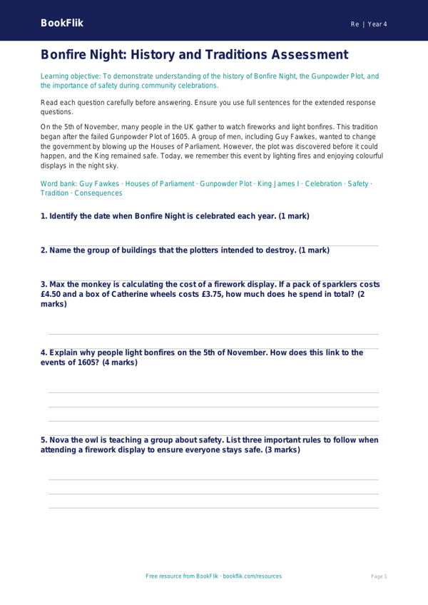 Free Bonfire Night Assessment | Year 4 | Religious Education | BookFlik worksheet preview — Re Bonfire Night