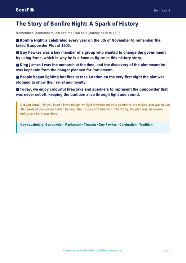 Bonfire Night History Poster | Year 4 Religious Education | BookFlik worksheet preview — Re Bonfire Night