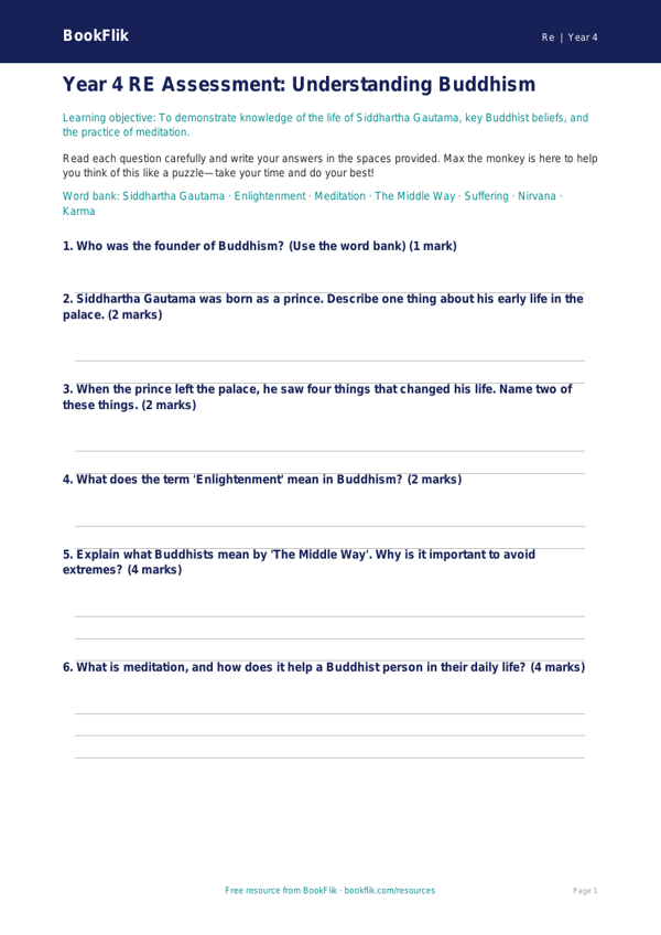 Buddhism Assessment Year 4 | Religious Education | BookFlik worksheet preview — Re Buddhism