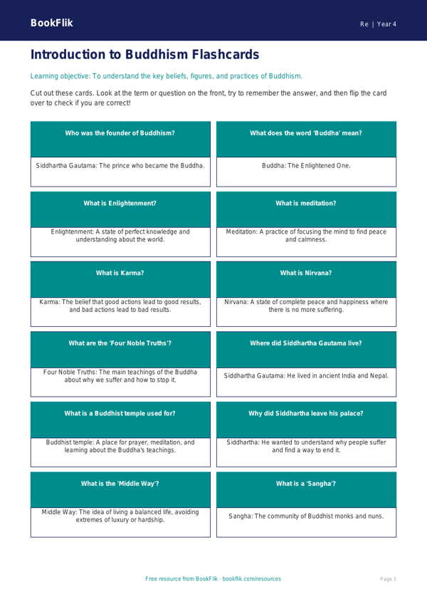 Buddhism Flashcards for Year 4 | Australian Curriculum | BookFlik worksheet preview — Re Buddhism