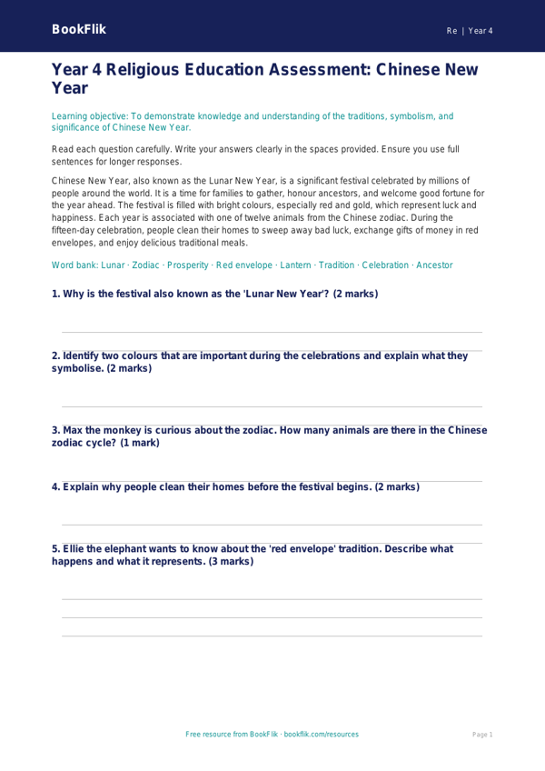 Free Chinese New Year Assessment | Year 4 | Religious Education | BookFlik worksheet preview — Re Chinese New Year