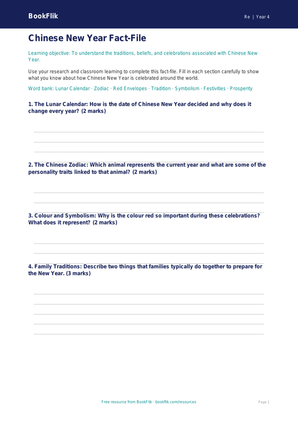 Chinese New Year Template Year 4 | Religious Education | BookFlik worksheet preview — Re Chinese New Year
