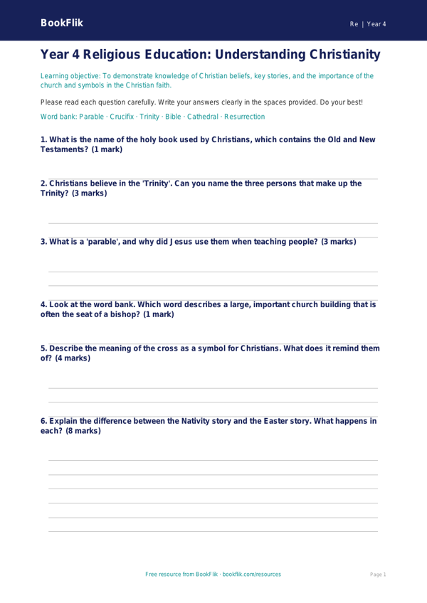 Year 4 Christianity Assessment: Religious Education Resource | BookFlik worksheet preview — Re Christianity