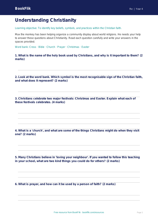 Christianity Worksheet Year 4 | Religious Education | BookFlik worksheet preview — Re Christianity