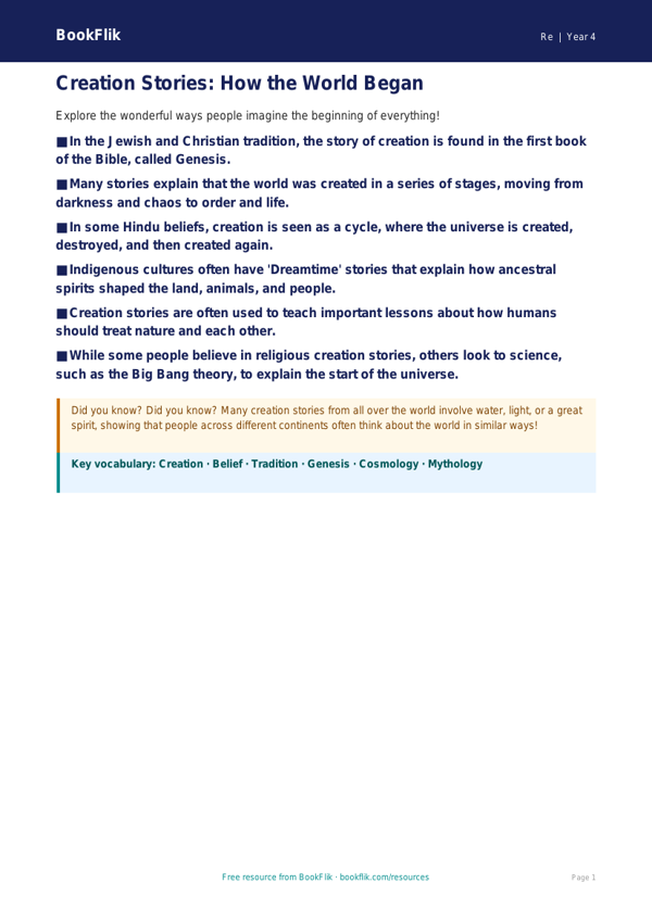 Free Creation Stories Poster | Year 4 | Religious Education | BookFlik worksheet preview — Re Creation Stories