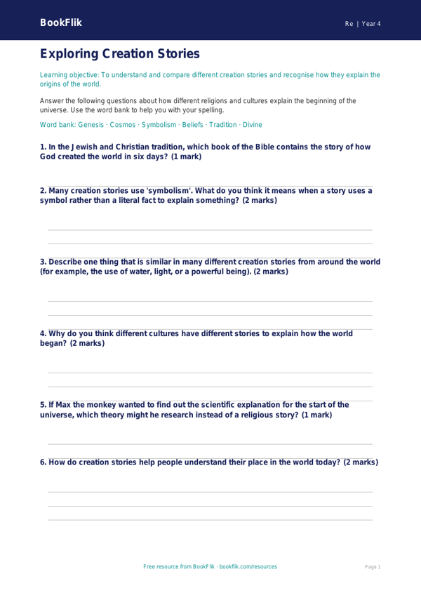 Free Creation Stories Worksheet | Year 4 | Religious Education | BookFlik worksheet preview — Re Creation Stories