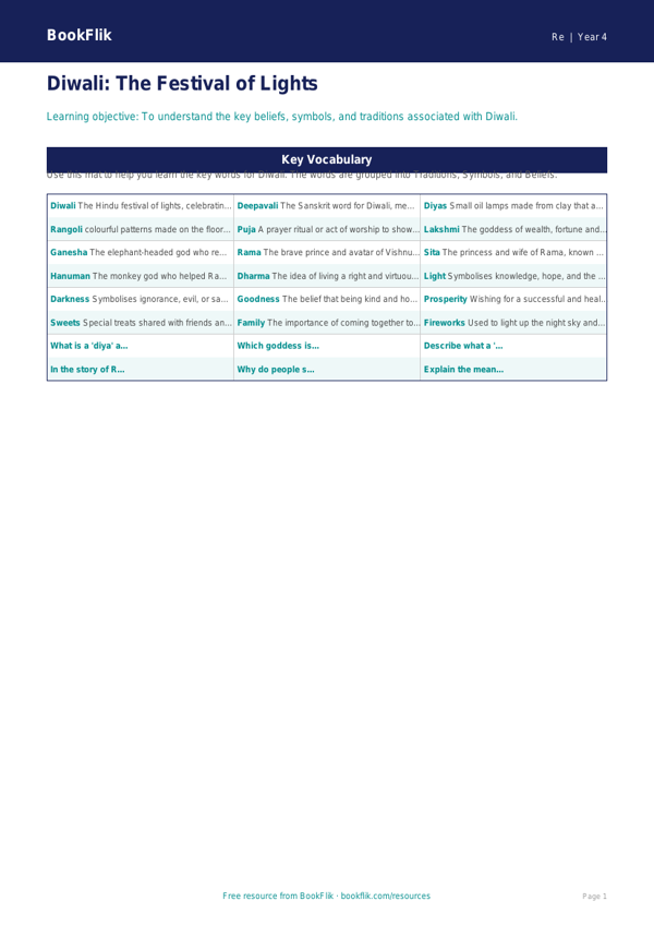 Free Diwali Word Mat | Year 4 | Religious Education | BookFlik worksheet preview — Re Diwali