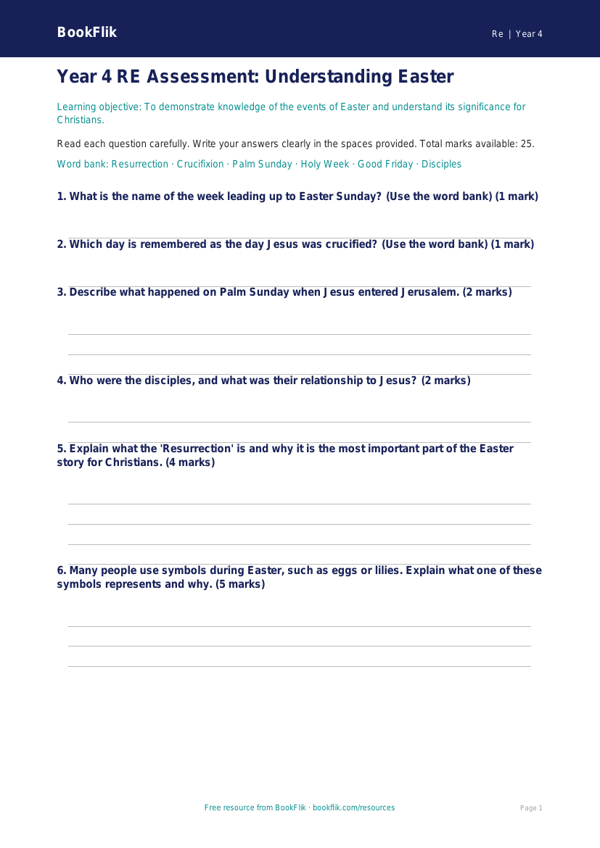 Easter Assessment Year 4 | Religious Education | Australian Curriculum worksheet preview — Re Easter
