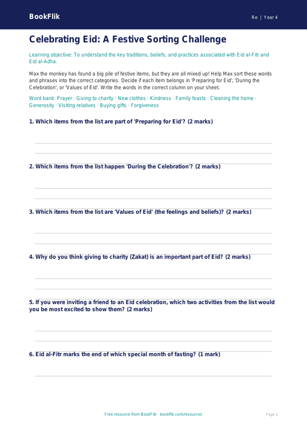 Free Eid Activity Sheet | Year 4 | Religious Education | BookFlik worksheet preview — Re Eid