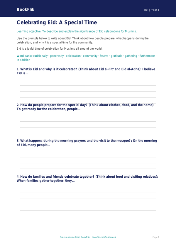 Free Eid Writing Frame | Year 4 | Religious Education | BookFlik worksheet preview — Re Eid