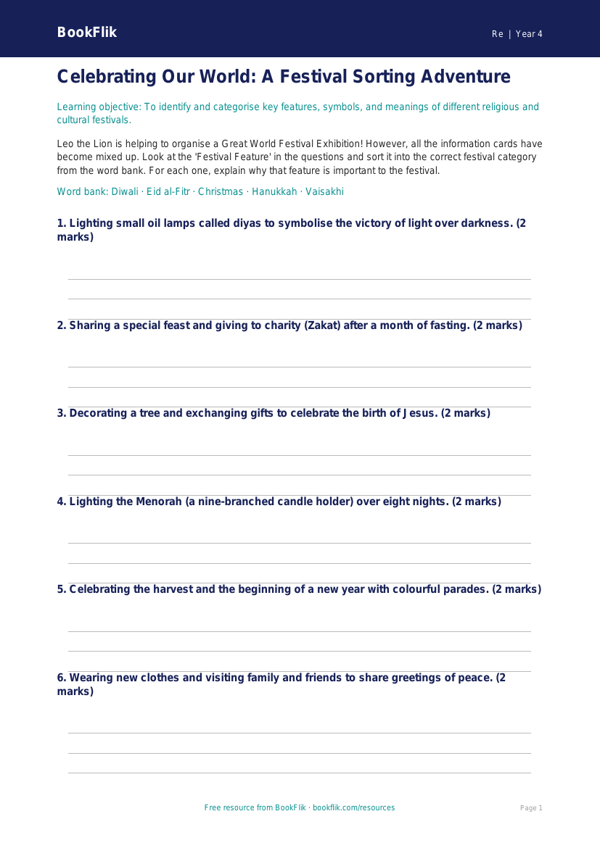 Free Festivals Activity Sheet | Year 4 | Religious Education | BookFlik worksheet preview — Re Festivals