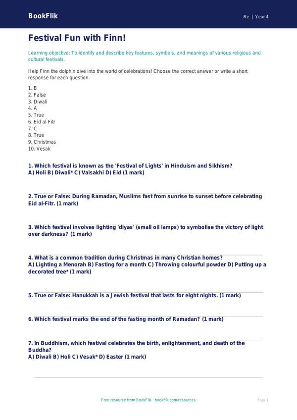 Festivals Quiz for Year 4 | Religious Education | BookFlik worksheet preview — Re Festivals