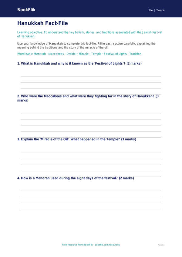 Hanukkah Activities for Year 4 | Religious Education Resource worksheet preview — Re Hanukkah