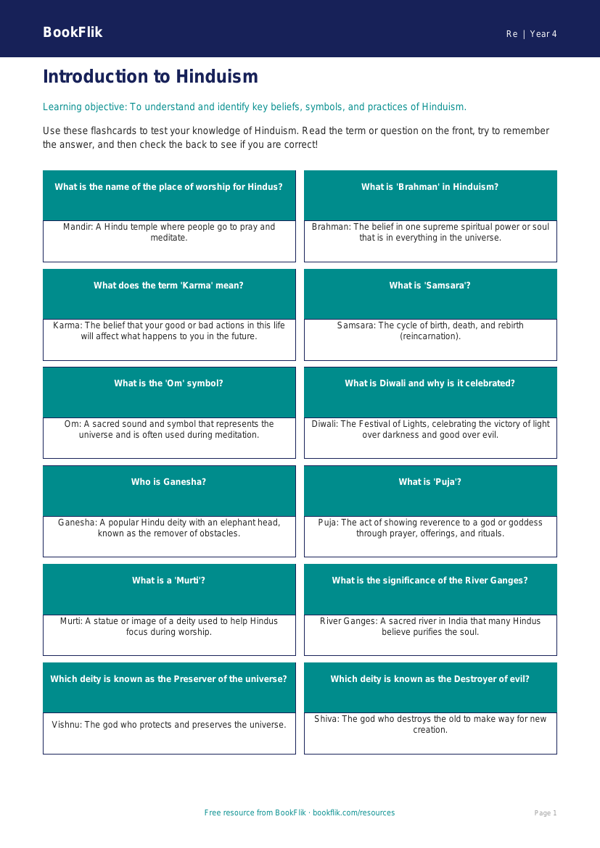 Free Hinduism Flashcards | Year 4 | Religious Education | BookFlik worksheet preview — Re Hinduism