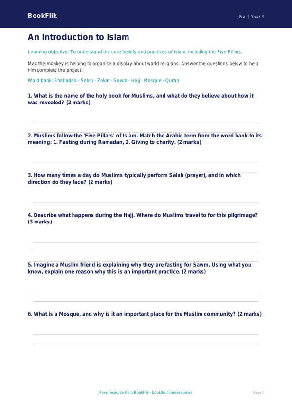 Free Islam Worksheet | Year 4 | Religious Education | BookFlik worksheet preview — Re Islam