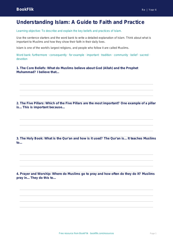 Free Islam Writing Frame | Year 4 | Religious Education | BookFlik worksheet preview — Re Islam