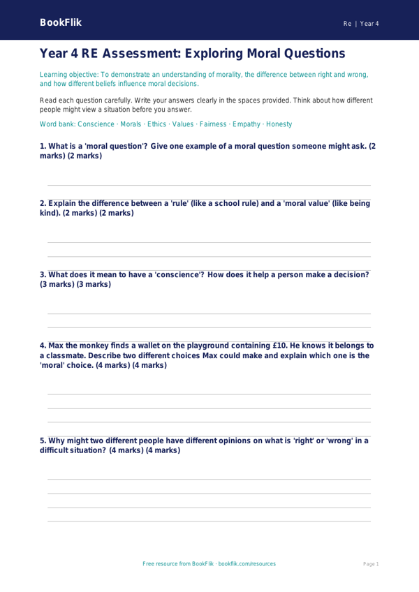 Year 4 Moral Questions Assessment | Religious Education | BookFlik worksheet preview — Re Moral Questions