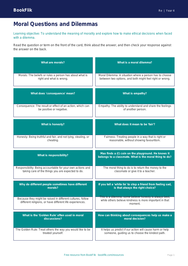 Free Moral Questions Flashcards | Year 4 | Religious Education | BookFlik worksheet preview — Re Moral Questions
