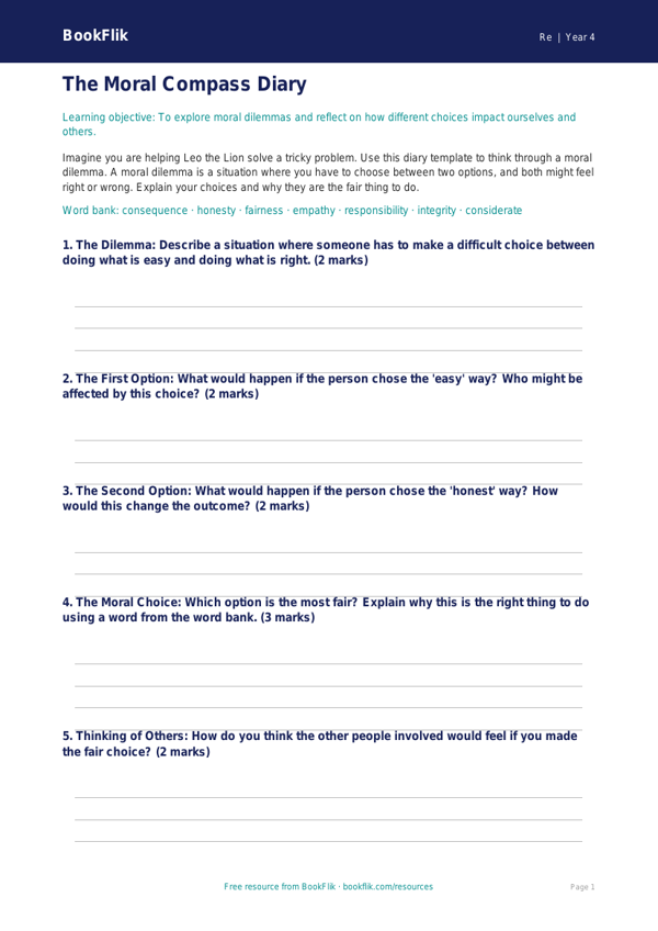 Moral Questions Template for Year 4 | Religious Education | BookFlik worksheet preview — Re Moral Questions