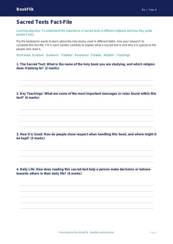 Sacred Texts Template for Year 4 | Religious Education | BookFlik worksheet preview — Re Sacred Texts