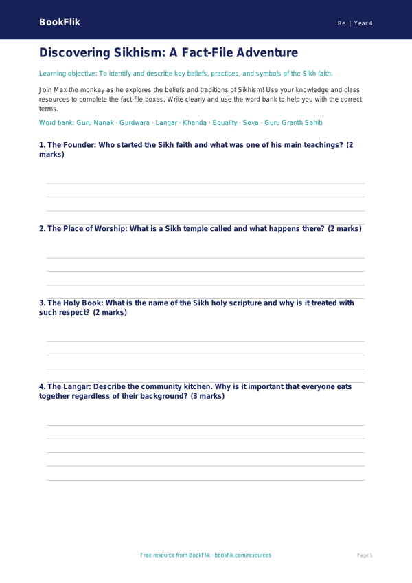 Sikhism Lesson Plan & Template | Year 4 | Religious Education | BookFlik worksheet preview — Re Sikhism