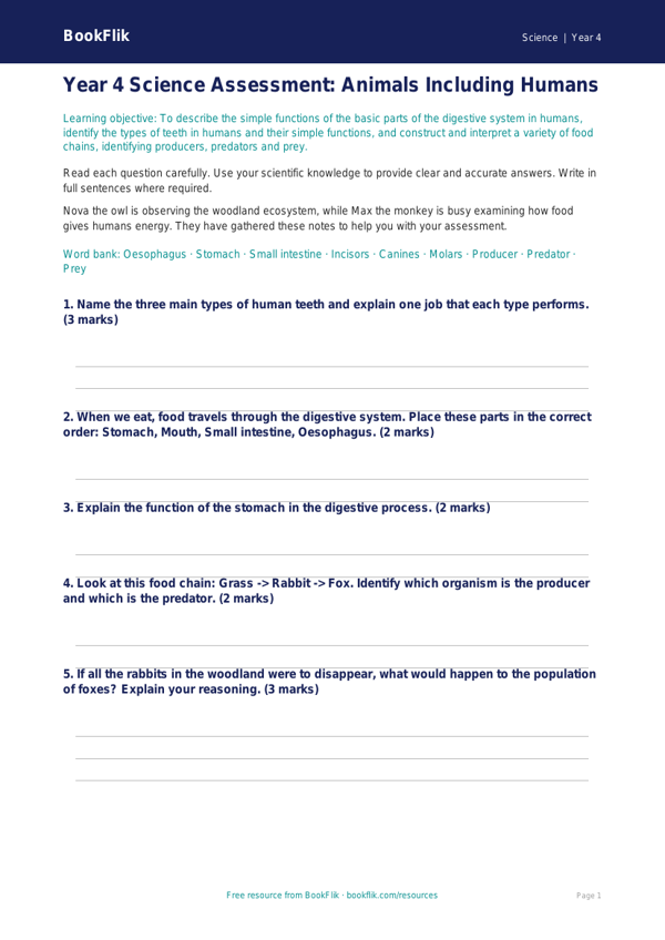 Free Animals Including Humans Assessment | Year 4 | Science | BookFlik worksheet preview — Science Animals Including Humans
