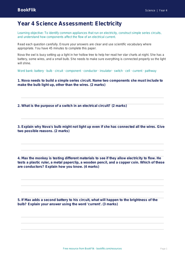 Free Electricity Assessment | Year 4 | Science | BookFlik worksheet preview — Science Electricity