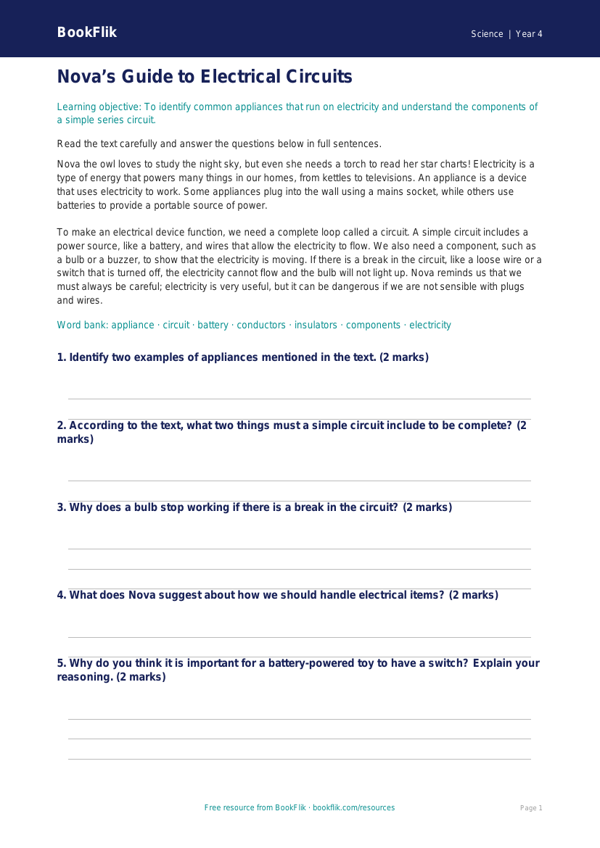 Free Electricity Comprehension | Year 4 | Science | BookFlik worksheet preview — Science Electricity